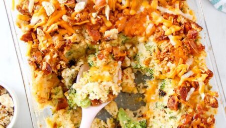Broccoli and Cheese Rice Casserole With Garlic Pretzel Topping